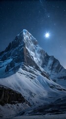 An ice-covered mountain peak at night that seems to glow from moonlight.