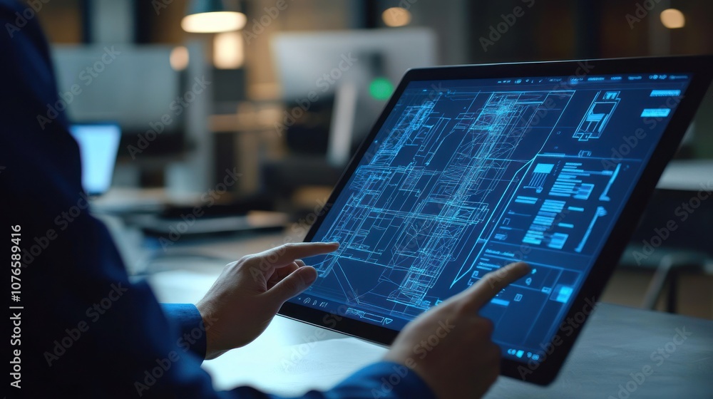Poster a person interacting with a digital blueprint on a touchscreen display in an office setting.