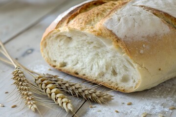 close up view of fresh baked white bread loaf with spikelet