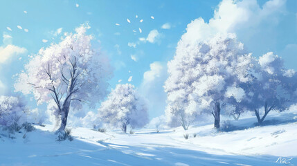 Winter landscape with snow-covered trees and a soft blue sky creating a peaceful and serene atmosphere