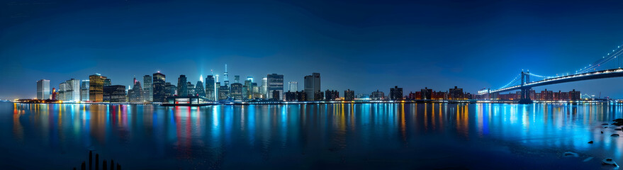 Obraz premium Panoramic view of the New York skyline at night, illuminated buildings reflecting in the water