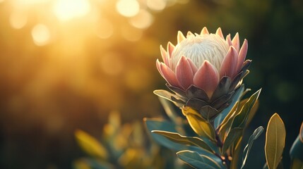 Pink Protea Flower in Golden Sunlight