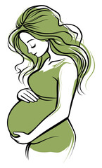 Green Pregnant Woman Line Art - Flat Vector Illustration
