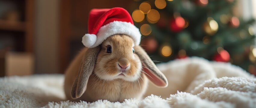 Adorable brown bunny wearing a festive Santa hat resting on a cozy white blanket, Christmas, holiday, pets, cute