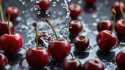 Cherries splashed with water drops on a table, fruit salad, kitchen scene, red color
