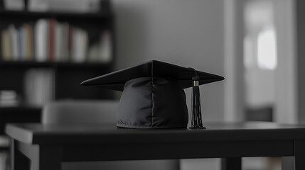 A graduation cap rests on a desktop, symbolizing the integration of technology and education in today's digital age, highlighting innovation, learning, and the future of academic success.