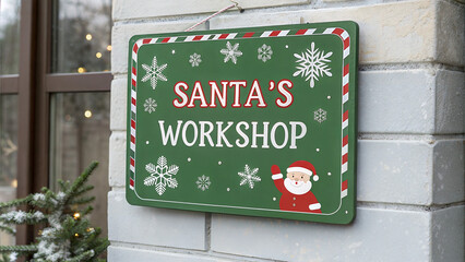 Santa's Workshop sign on brick wall decorated for Christmas with snowflakes and holiday spirit