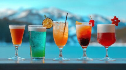 A colorful display of various cocktails in elegant glasses, set against a scenic mountain backdrop.