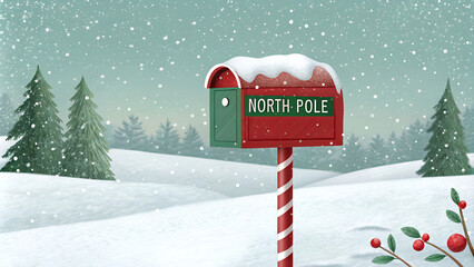 Whimsical North Pole mailbox in snowy landscape, festive winter scene, holiday spirit, copy space
