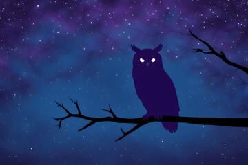 Silhouetted owl perched on a branch against a night sky in shades of dark blue violet, Ai Generated