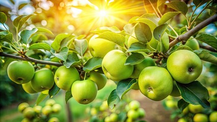 Aerial Drone Photography of Lush Green Apple Fruit on Tree Branch, Close-Up Capture of Organic Farming, Nature's Bounty, Fresh Produce, Vibrant Orchard, Healthy Lifestyle