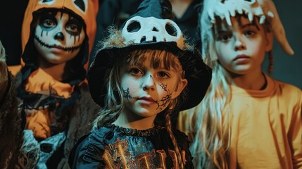 Children in Halloween costumes posing for a photo