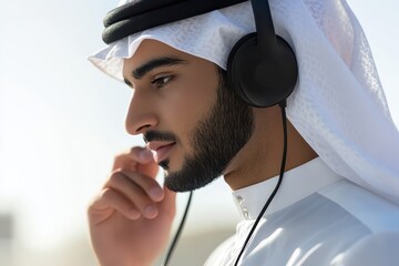 Close-up of a Man Wearing a White Headscarf and Headphones