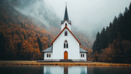 Fototapeta premium Solitary White Church by a Tranquil Lake, Framed by Autumnal Mountain Scenery in the Fog