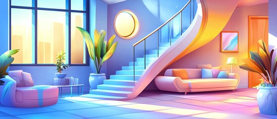Colorful Modern Living Room Interior with Staircase and City View.