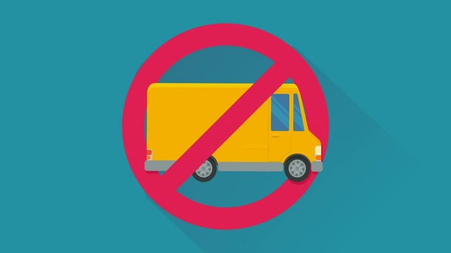 Appearance of crossed out red circular prohibition symbol on a yellow van on blue background with long shadow in flat design style