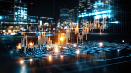 Stock Market Data on Digital Screen with City Lights.