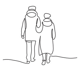 couple line art drawing style. senior man and woman walking together holding hands. sketch isolated on white background. Vector illustration.