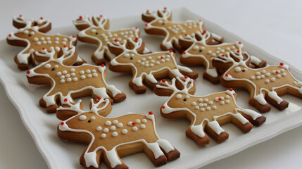 Freshly baked delicious Christmas gingerbread reindeer shaped cookies with beautiful winter holidays decorations. Tasty pastry with frosting and sprinkle. Christmas cozy decoration.