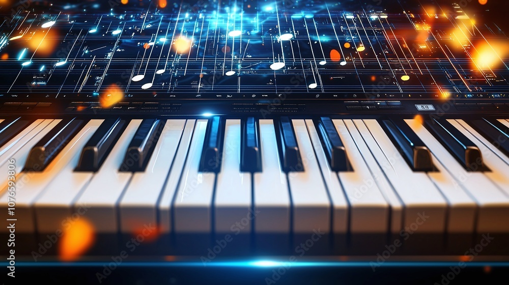 Poster digital piano keys with music notes.