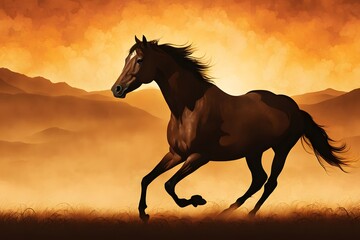 A horse galloping against a golden hour background with gradients of amber gold, AI Generated