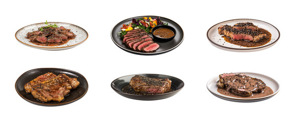 steak with black pepper sauce on a plate isolated on a transparent or white background, cut-out, PNG