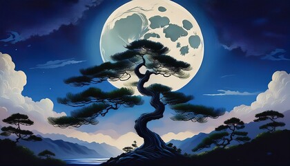 Fototapeta premium Oriental painting of pine trees and a full moon on a quiet night