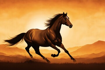 A horse galloping against a golden hour background with gradients of amber gold, AI Generated
