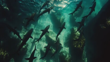Fototapeta premium Group of sharks swimming together in deep waters