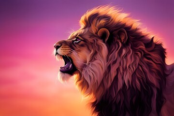 Majestic lion roaring against a sunset gradient background with shades of pink orange, Ai Generated