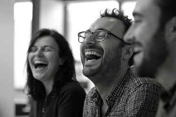 A group of people laughing together in an office