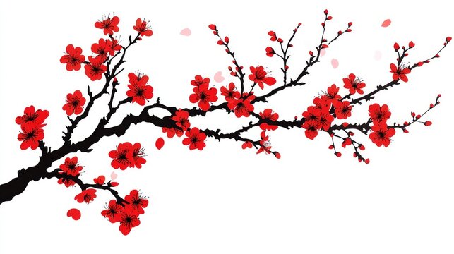 A stunning illustration of a vibrant red cherry blossom branch against a white background, symbolizing beauty and renewal.