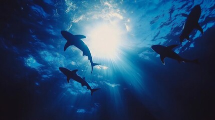 Sharks circling in the deep blue sea with sunlight filtering through