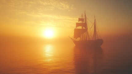 Fototapeta premium A silhouette of a ship sailing on a calm sea at dawn, with the sun rising and casting a bright light over the water