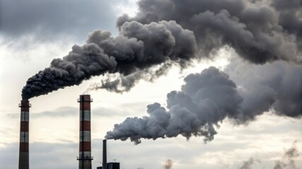 The image depicts industrial smokestacks releasing thick black smoke into a cloudy sky