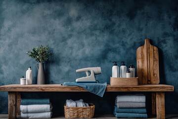 Neatly Arranged Ironing Station Featuring Classic Iron, Towels, and Skincare Products Against a Stylish Dark Blue Background