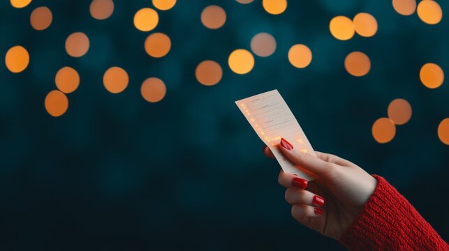 Woman s Hand Holding a Paper Ticket with Bokeh Lights in the Background