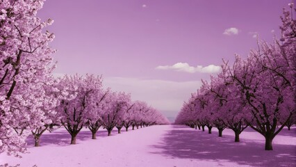 Beautiful row of blossoming pink cherry trees in a dreamy landscape