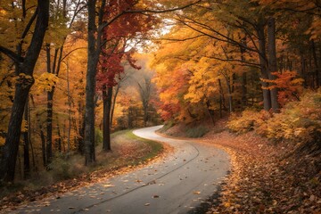 Fototapeta premium A quiet, winding road cuts through a forest bathed in golden autumn colors, with fallen golden leaves.
