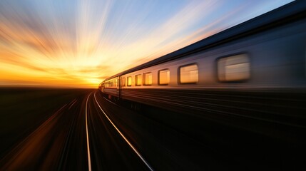Obraz premium A train moving along the tracks, silhouetted against a bright evening sky, with the motion blur creating a sense of speed