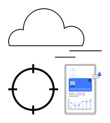 Cloud icon, targeting crosshairs, and tablet displaying financial data and graphs. Ideal for cloud technology, target marketing, financial analysis, data visualization, digital security, business