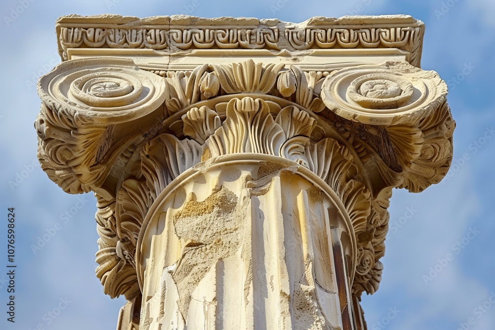 Poster detail of an ancient corinthian order column capital with weathered surface and intricate carvings