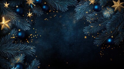 Fototapeta premium Decorative pine branches frame a dark background adorned with golden stars and blue ornaments, creating a festive atmosphere suitable for holidays or celebrations.