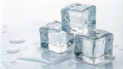 Obraz premium Three ice cubes sit atop a reflective surface, surrounded by melting water droplets