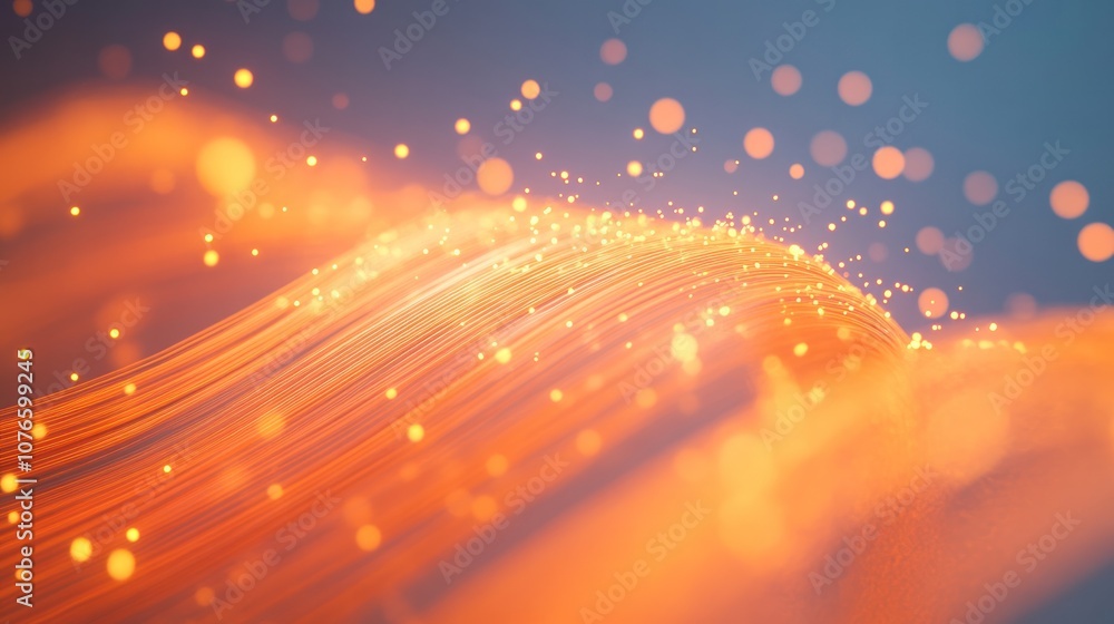 Poster orange optical fibers emanating glowing particles, set against a smooth gradient backdrop.