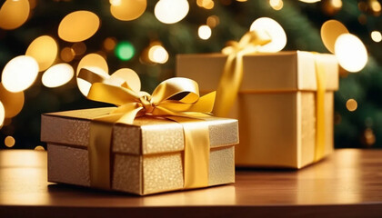 Golden giftbox under christmas tree. Close up. 