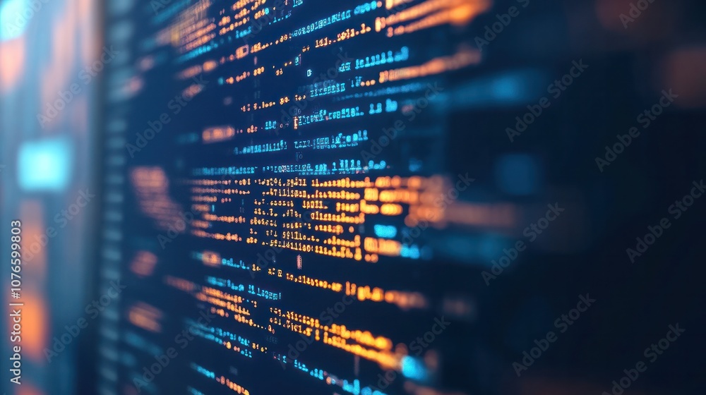 Poster futuristic code matrix with glowing symbols, binary code, and abstract digital shapes forming a comp
