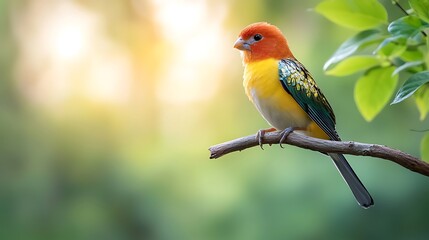 A colorful bird with shimmering feathers perches gracefully on a slender branch, its vivid plumage contrasting beautifully against the blurred backdrop of a lush forest