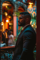 Obraz premium A man in a suit standing on a balcony looking out of a building