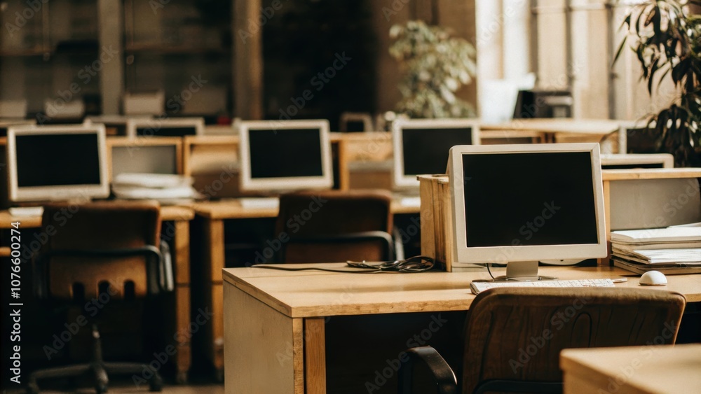 Aufkleber a modern office space featuring rows of wooden desks with desktop computers